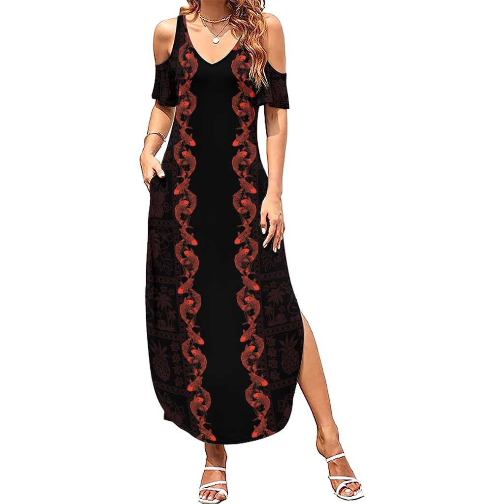 Hawaii Japan Koi Fish Red Summer Maxi Dress Tapa Pattern LT01 Women Red - Polynesian Pride
