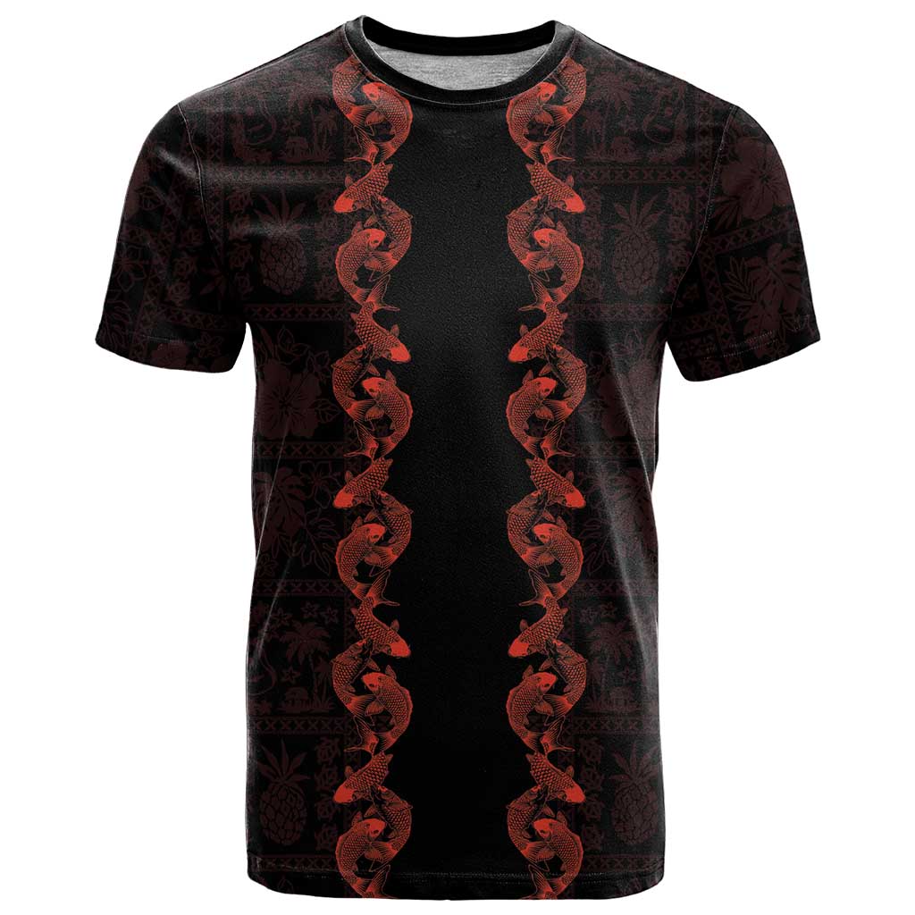 Hawaii Japan Koi Fish Red T Shirt Tapa Pattern - Polynesian Pride