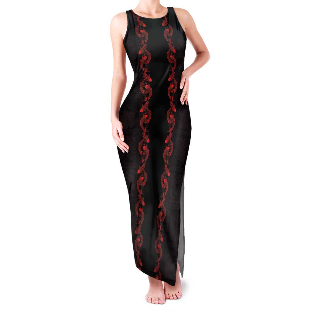 Hawaii Japan Koi Fish Red Tank Maxi Dress Tapa Pattern - Polynesian Pride
