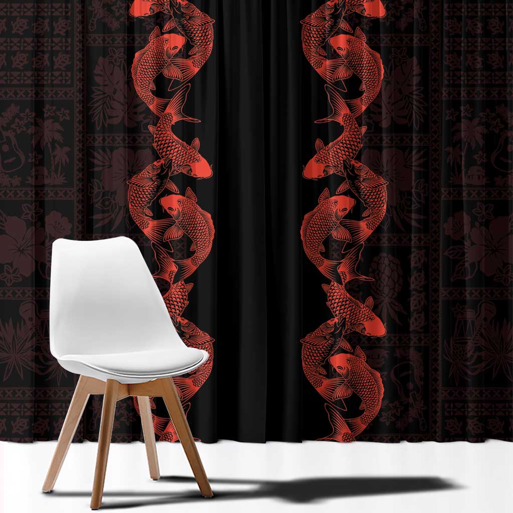 Hawaii Japan Koi Fish Red Window Curtain Tapa Pattern LT01 - Polynesian Pride
