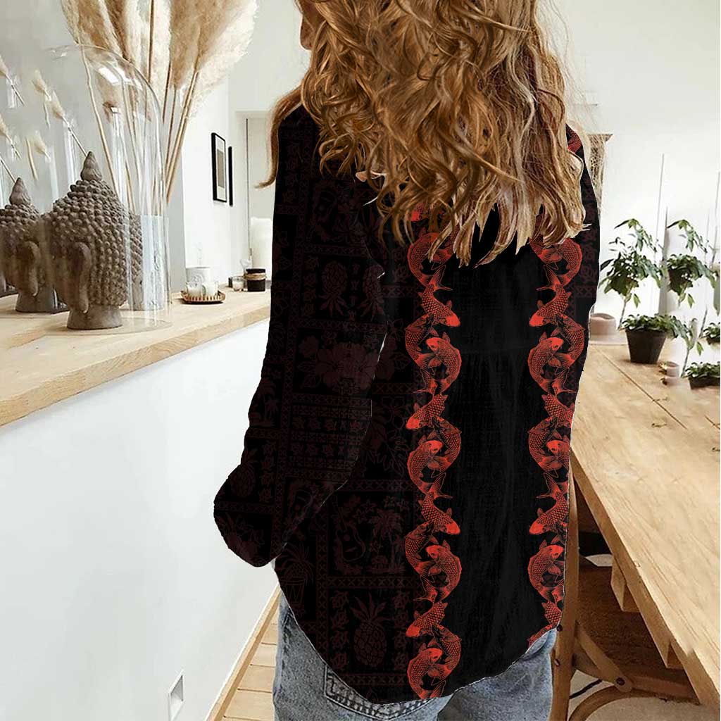 Hawaii Japan Koi Fish Red Women Casual Shirt Tapa Pattern LT01 - Polynesian Pride