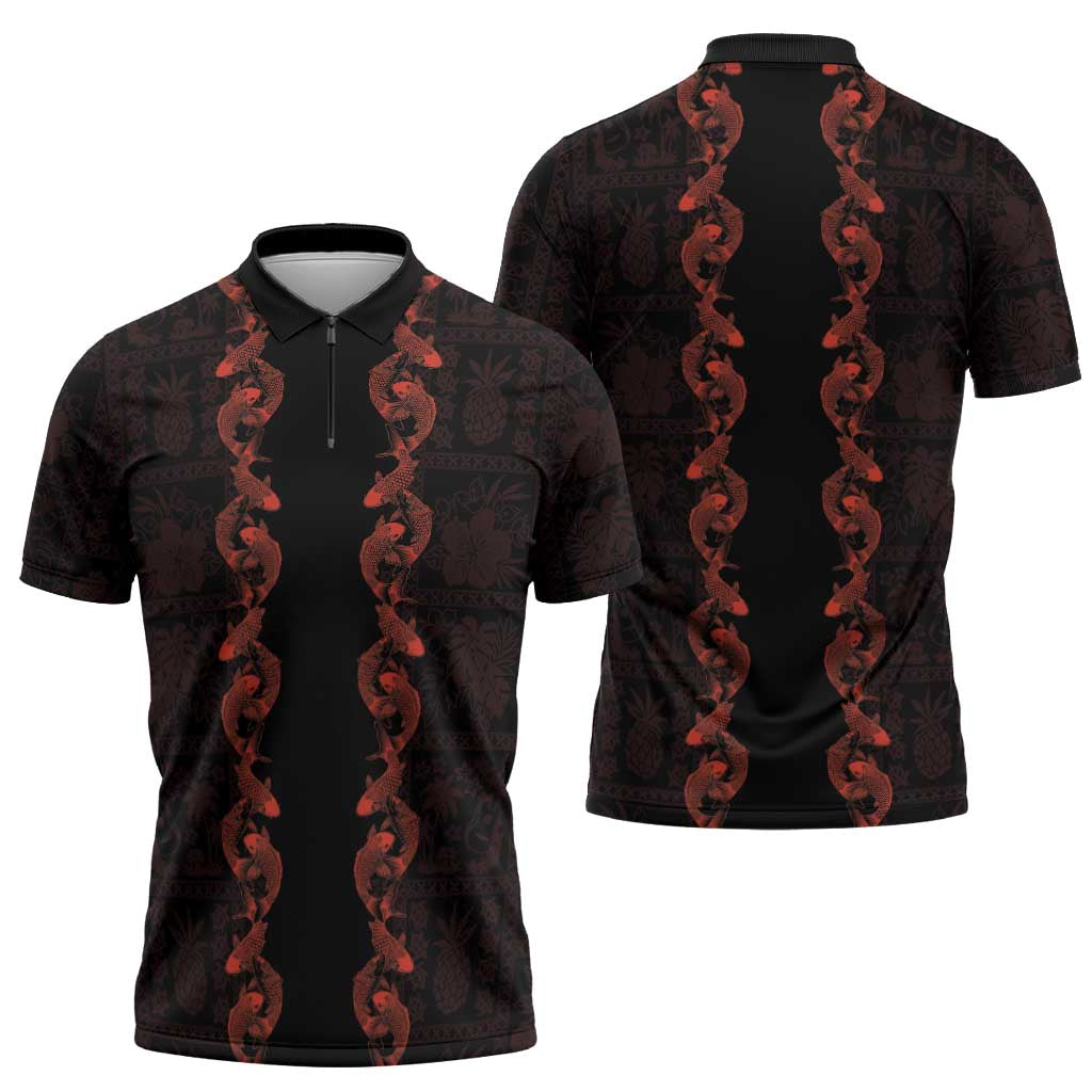 Hawaii Japan Koi Fish Red Zipper Polo Shirt Tapa Pattern - Polynesian Pride
