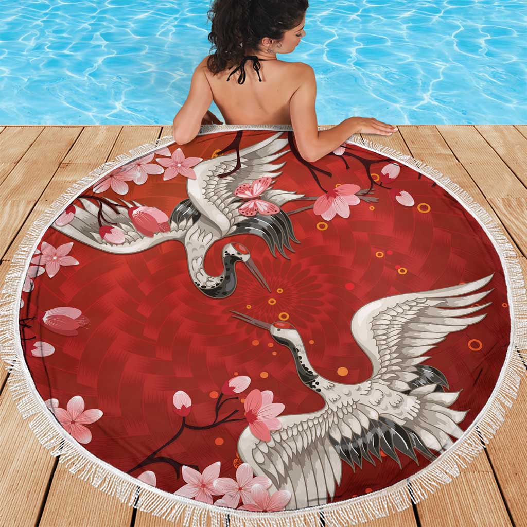 Hawaii Japan Cranes Sakura Flower Red Beach Blanket Japan Heritage Spirit LT01 - Polynesian Pride