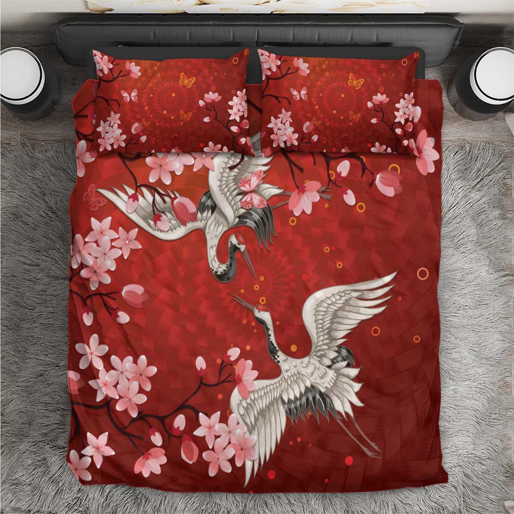 Hawaii Japan Cranes Sakura Flower Red Bedding Set Japan Heritage Spirit LT01 Red - Polynesian Pride