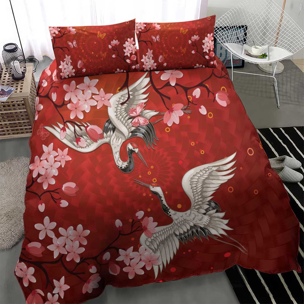 Hawaii Japan Cranes Sakura Flower Red Bedding Set Japan Heritage Spirit LT01 - Polynesian Pride