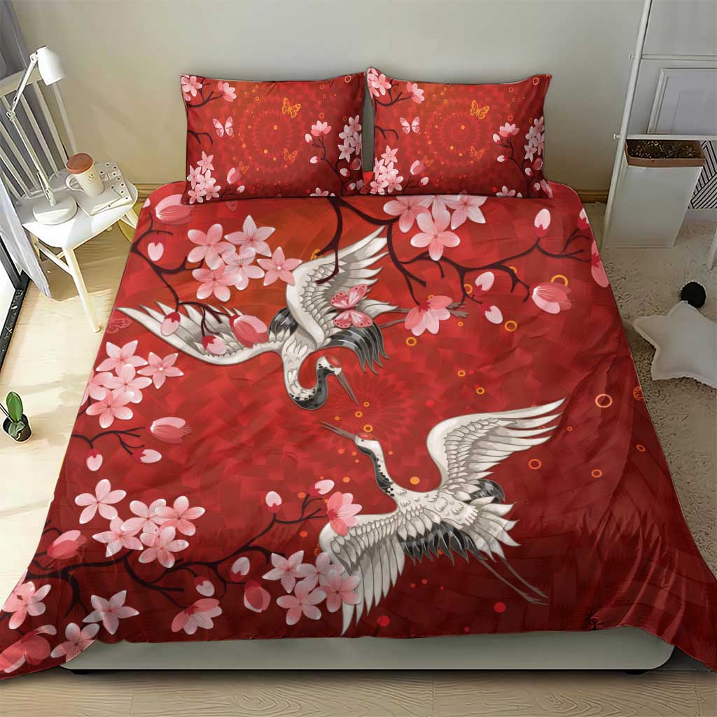 Hawaii Japan Cranes Sakura Flower Red Bedding Set Japan Heritage Spirit LT01 - Polynesian Pride