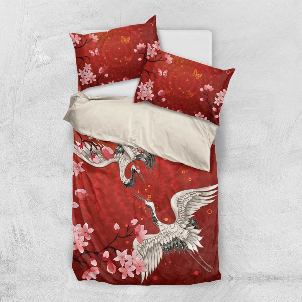 Hawaii Japan Cranes Sakura Flower Red Bedding Set Japan Heritage Spirit LT01 US Twin 172cm x 218cm Red - Polynesian Pride