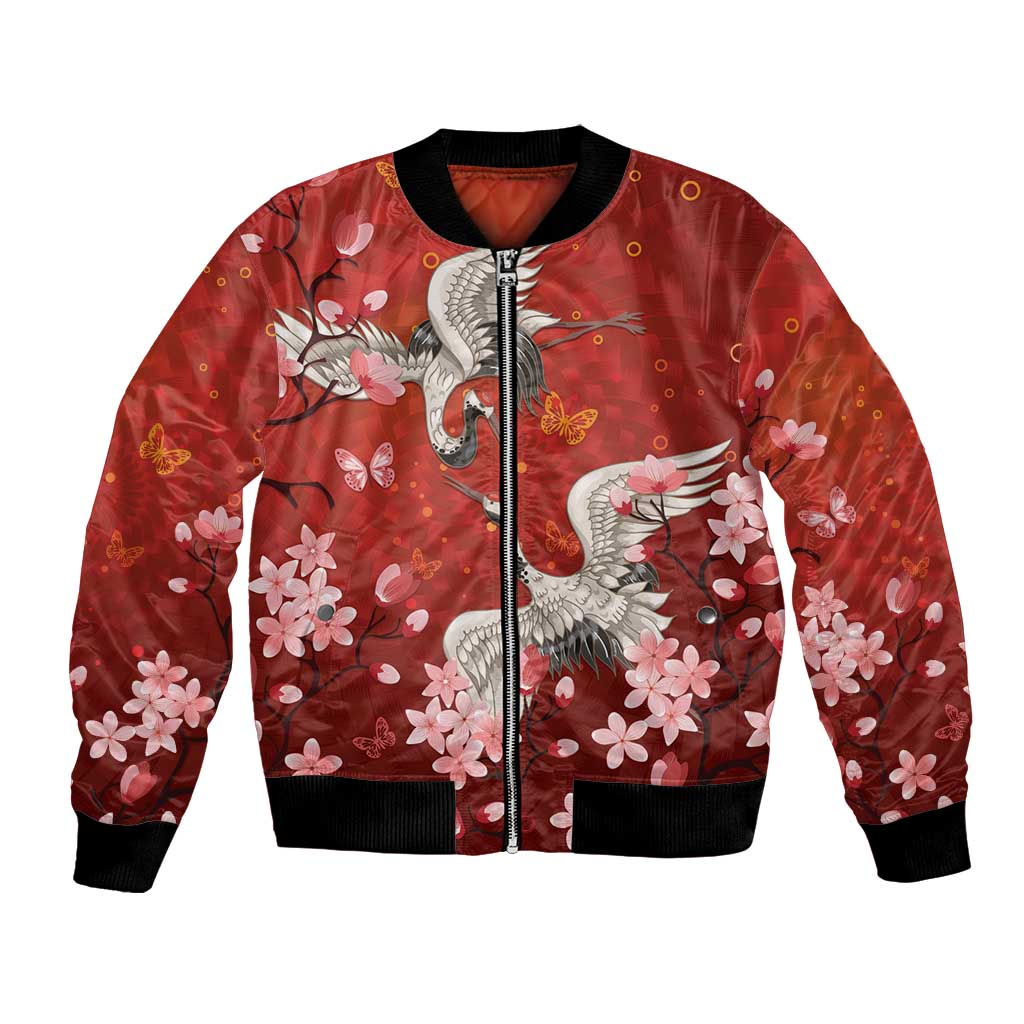 Hawaii Japan Cranes Sakura Flower Red Bomber Jacket Japan Heritage Spirit LT01 Unisex Red - Polynesian Pride