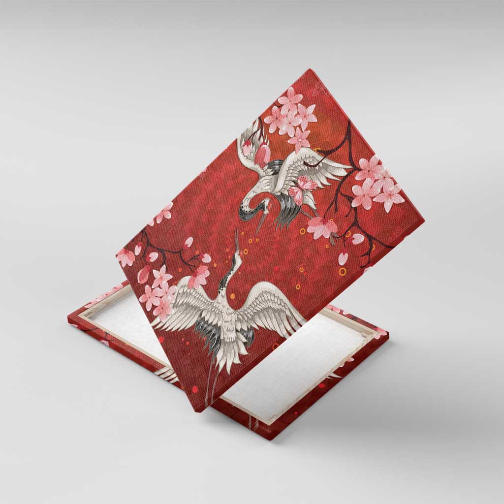 Hawaii Japan Cranes Sakura Flower Red Canvas Wall Art Japan Heritage Spirit LT01 With Frame Red - Polynesian Pride