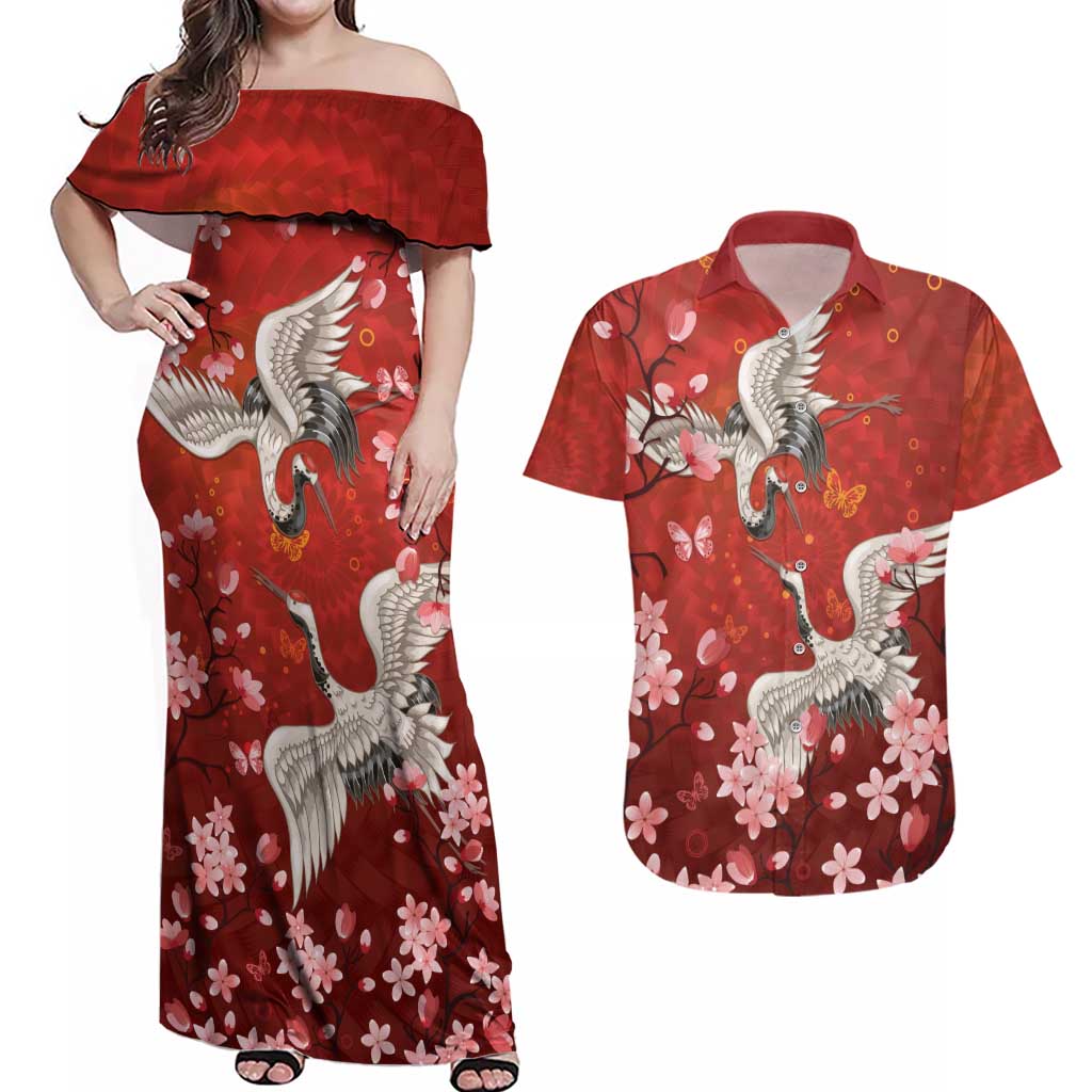 Hawaii Japan Cranes Sakura Flower Red Couples Matching Off Shoulder Maxi Dress and Hawaiian Shirt Japan Heritage Spirit - Polynesian Pride