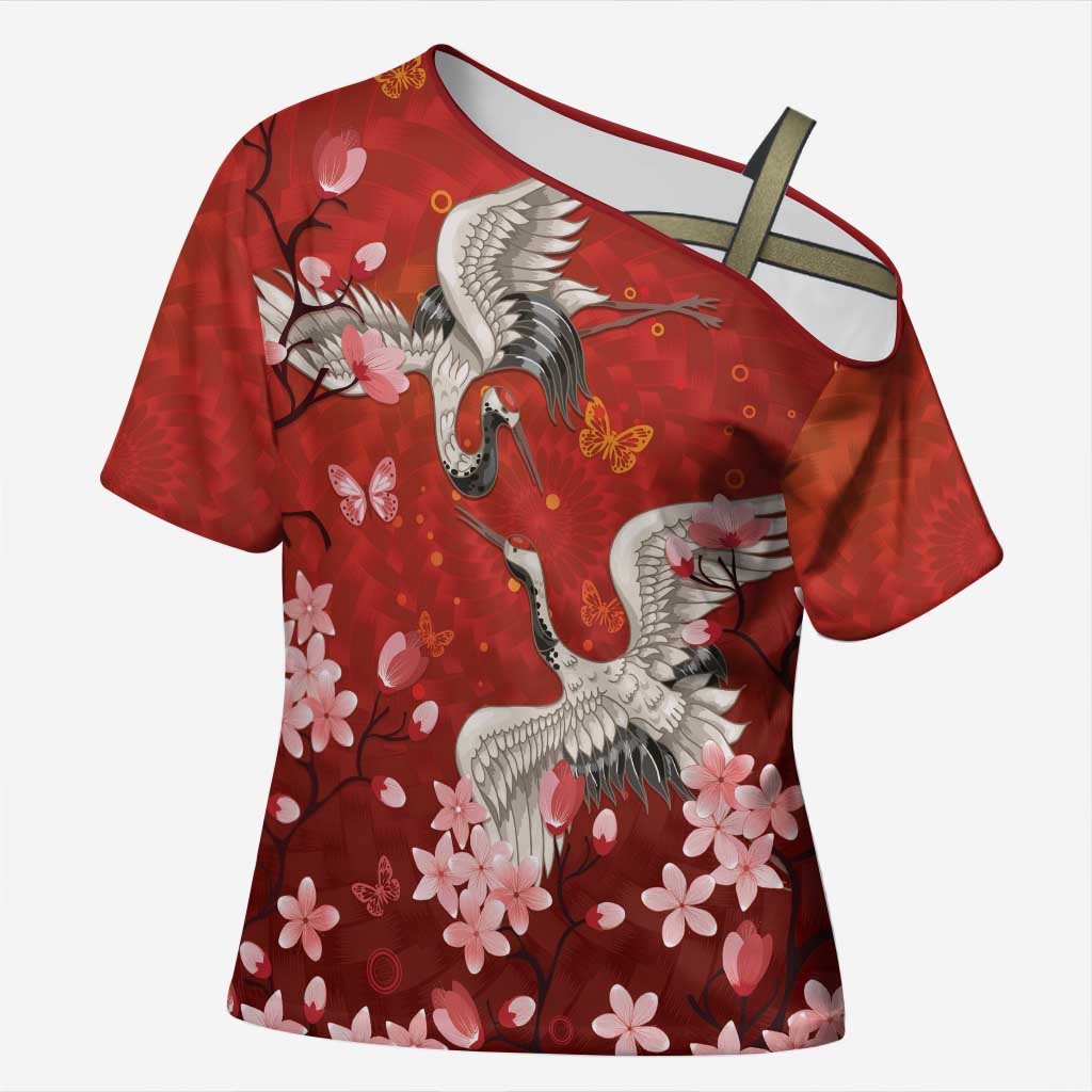 Hawaii Japan Cranes Sakura Flower Red Cross Shoulder Shirt Japan Heritage Spirit - Polynesian Pride