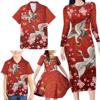 Hawaii Japan Cranes Sakura Flower Red Family Matching Long Sleeve Bodycon Dress and Hawaiian Shirt Japan Heritage Spirit - Polynesian Pride