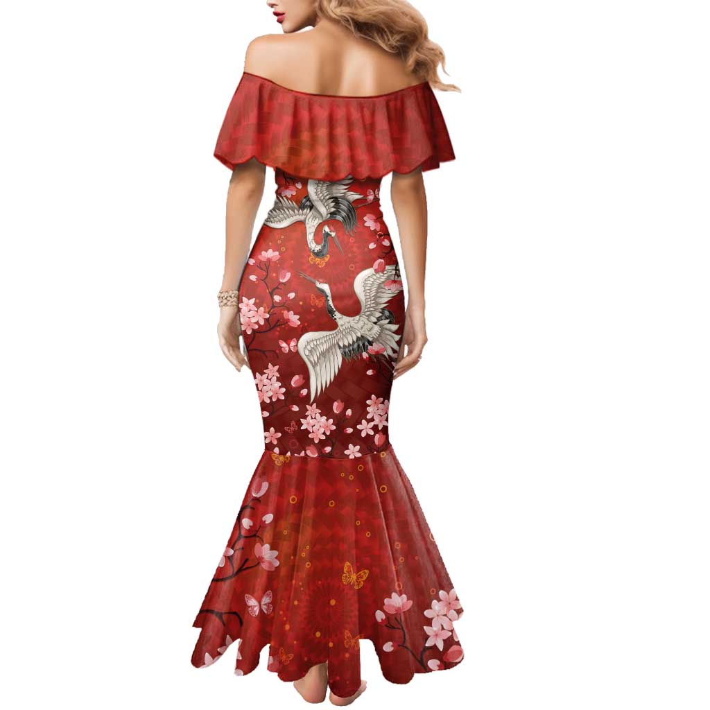 Hawaii Japan Cranes Sakura Flower Red Family Matching Mermaid Dress and Hawaiian Shirt Japan Heritage Spirit - Polynesian Pride