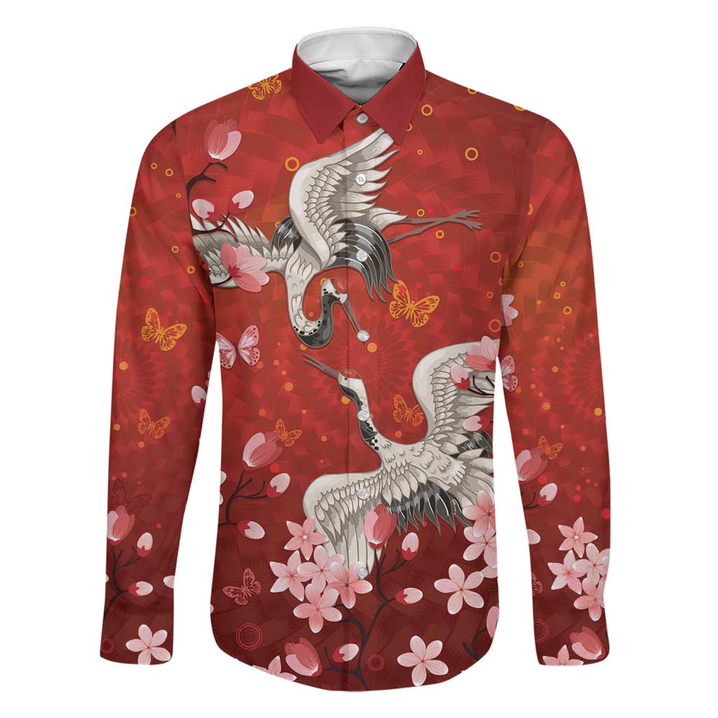 Hawaii Japan Cranes Sakura Flower Red Family Matching Off The Shoulder Long Sleeve Dress and Hawaiian Shirt Japan Heritage Spirit - Polynesian Pride