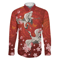 Hawaii Japan Cranes Sakura Flower Red Family Matching Off The Shoulder Long Sleeve Dress and Hawaiian Shirt Japan Heritage Spirit - Polynesian Pride