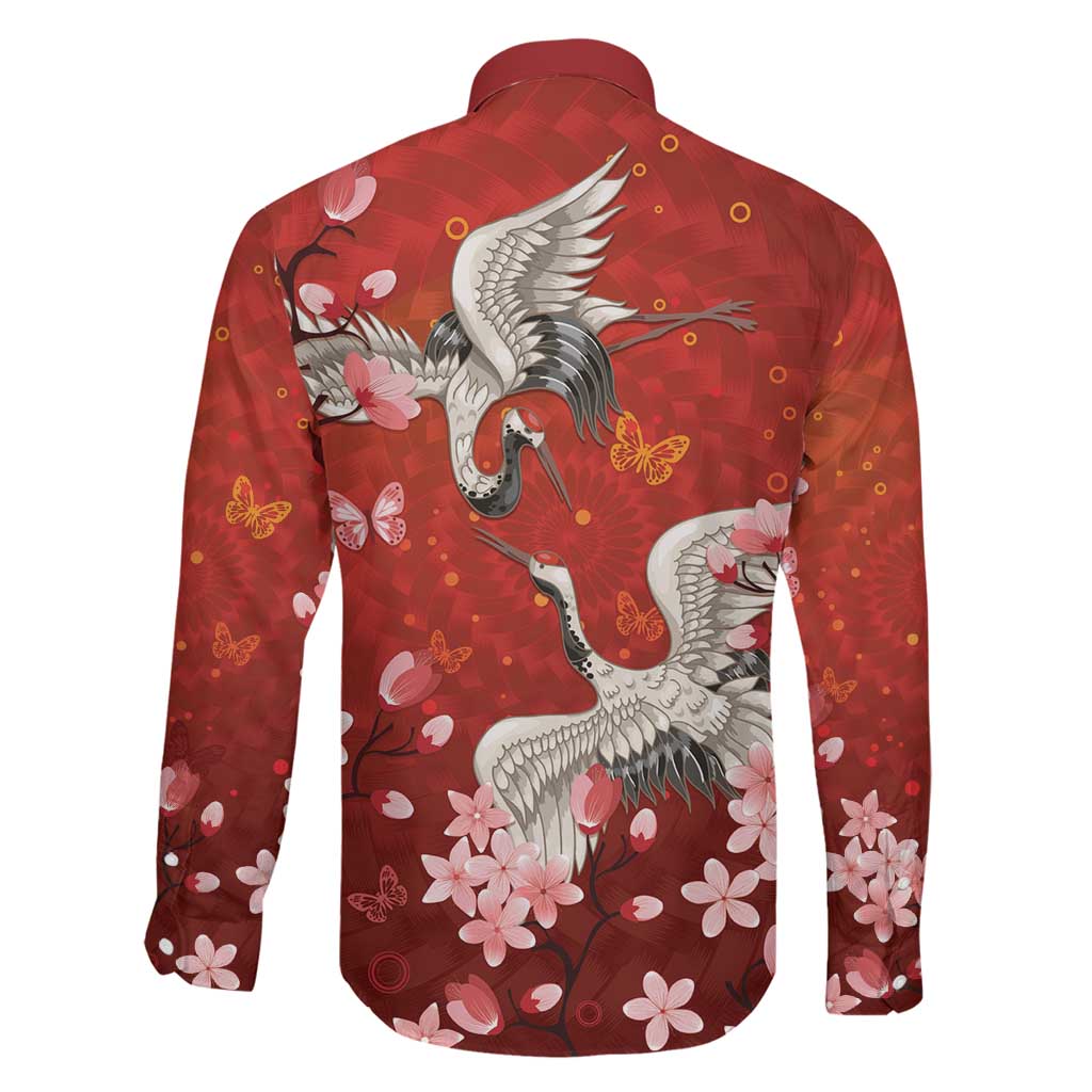 Hawaii Japan Cranes Sakura Flower Red Family Matching Off The Shoulder Long Sleeve Dress and Hawaiian Shirt Japan Heritage Spirit - Polynesian Pride