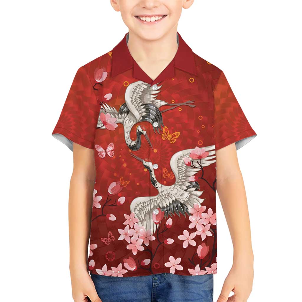 Hawaii Japan Cranes Sakura Flower Red Family Matching Off The Shoulder Long Sleeve Dress and Hawaiian Shirt Japan Heritage Spirit - Polynesian Pride