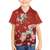 Hawaii Japan Cranes Sakura Flower Red Family Matching Off The Shoulder Long Sleeve Dress and Hawaiian Shirt Japan Heritage Spirit - Polynesian Pride