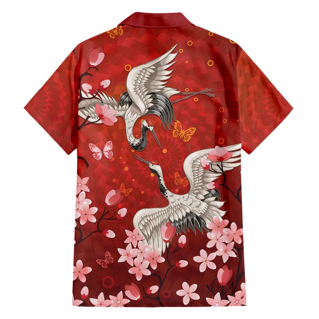 Hawaii Japan Cranes Sakura Flower Red Family Matching Off Shoulder Maxi Dress and Hawaiian Shirt Japan Heritage Spirit - Polynesian Pride