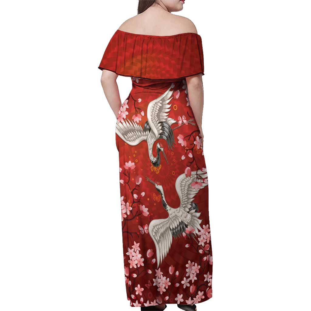 Hawaii Japan Cranes Sakura Flower Red Family Matching Off Shoulder Maxi Dress and Hawaiian Shirt Japan Heritage Spirit - Polynesian Pride