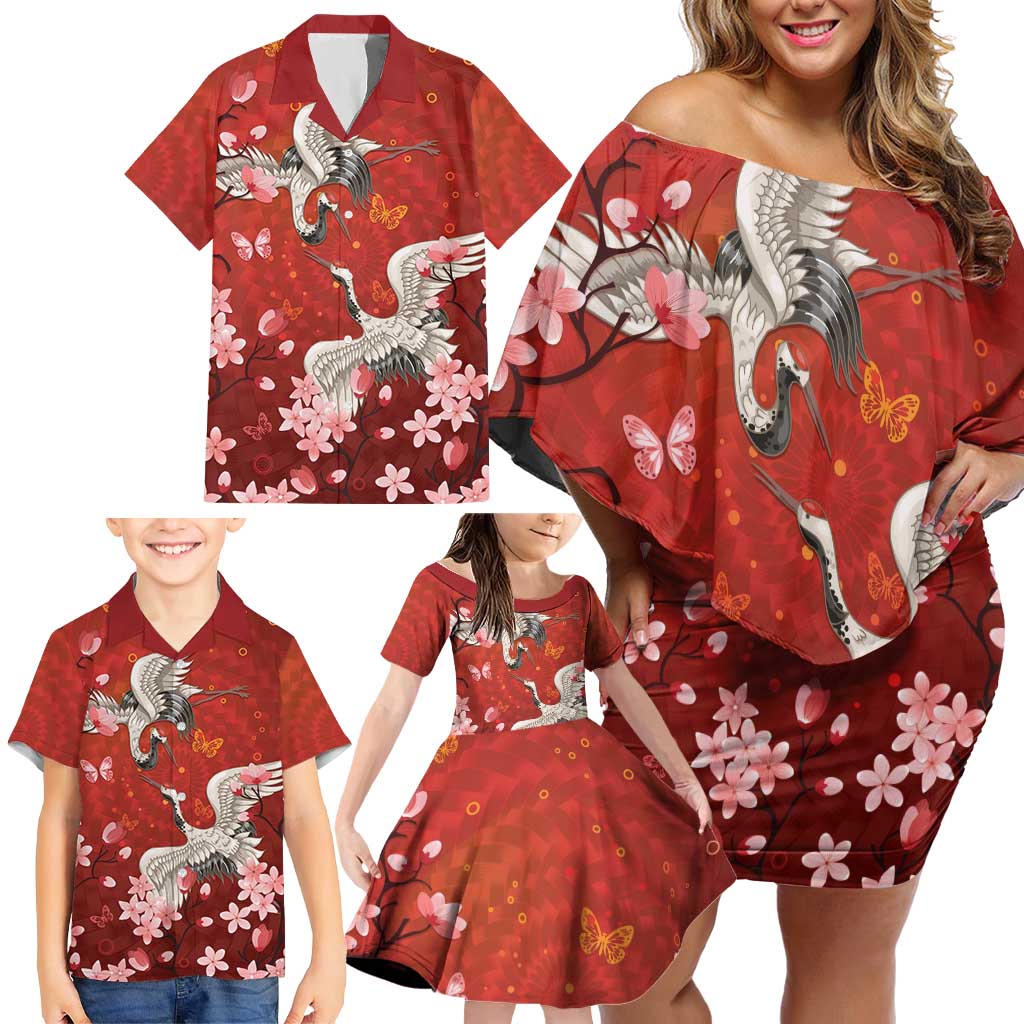 Hawaii Japan Cranes Sakura Flower Red Family Matching Off Shoulder Short Dress and Hawaiian Shirt Japan Heritage Spirit - Polynesian Pride