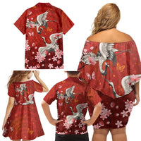 Hawaii Japan Cranes Sakura Flower Red Family Matching Off Shoulder Short Dress and Hawaiian Shirt Japan Heritage Spirit - Polynesian Pride