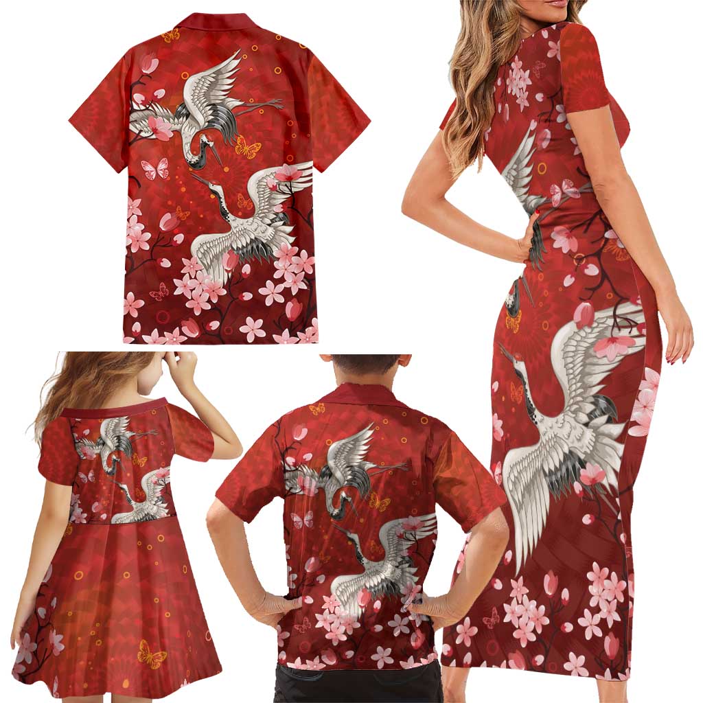 Hawaii Japan Cranes Sakura Flower Red Family Matching Short Sleeve Bodycon Dress and Hawaiian Shirt Japan Heritage Spirit - Polynesian Pride