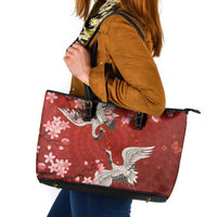 Hawaii Japan Cranes Sakura Flower Red Leather Tote Bag Japan Heritage Spirit LT01 Red - Polynesian Pride