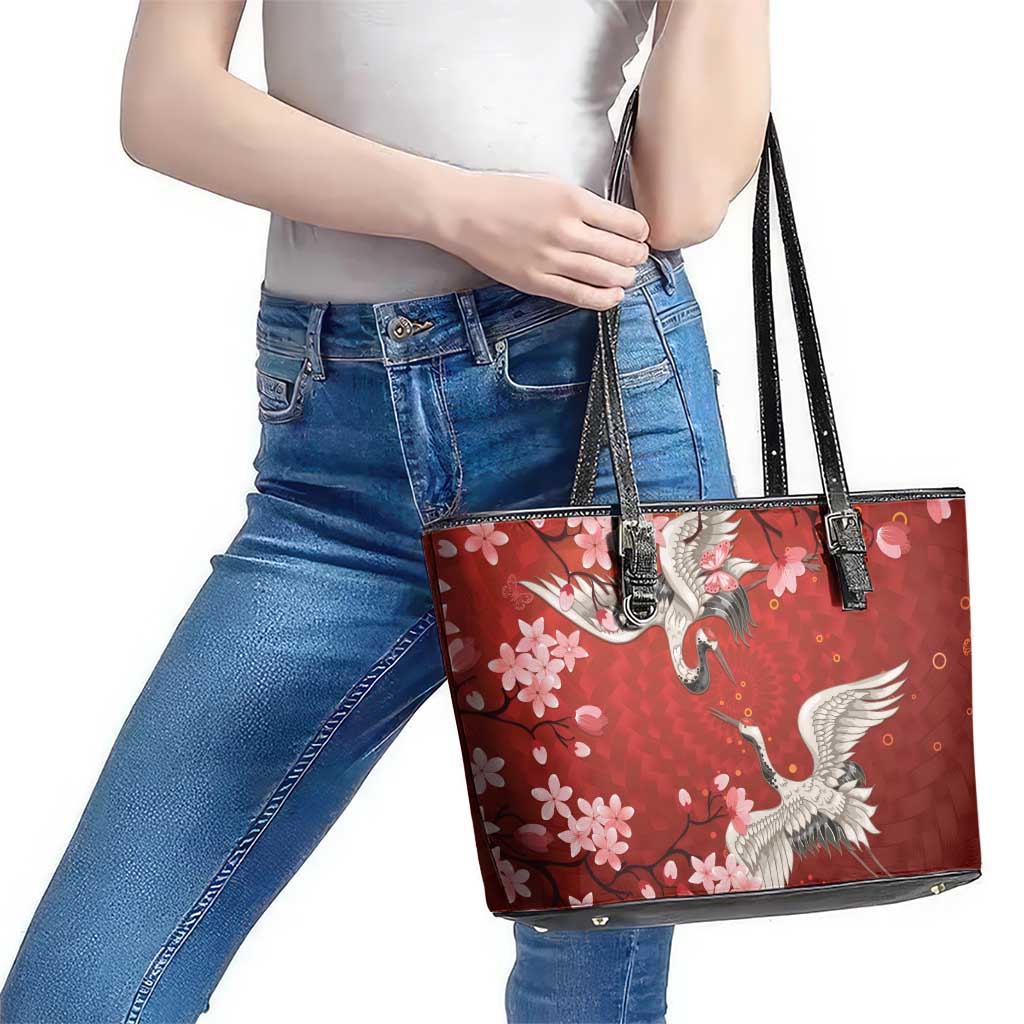 Hawaii Japan Cranes Sakura Flower Red Leather Tote Bag Japan Heritage Spirit LT01 - Polynesian Pride