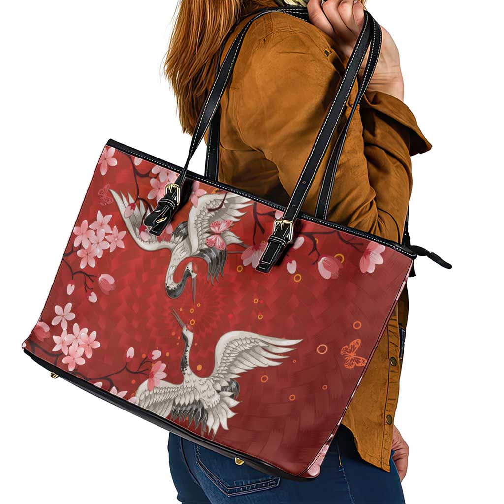 Hawaii Japan Cranes Sakura Flower Red Leather Tote Bag Japan Heritage Spirit LT01 - Polynesian Pride