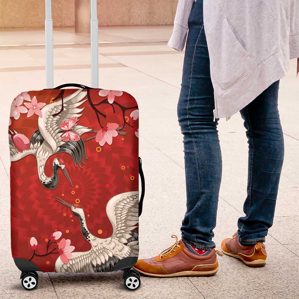 Hawaii Japan Cranes Sakura Flower Red Luggage Cover Japan Heritage Spirit LT01 Red - Polynesian Pride