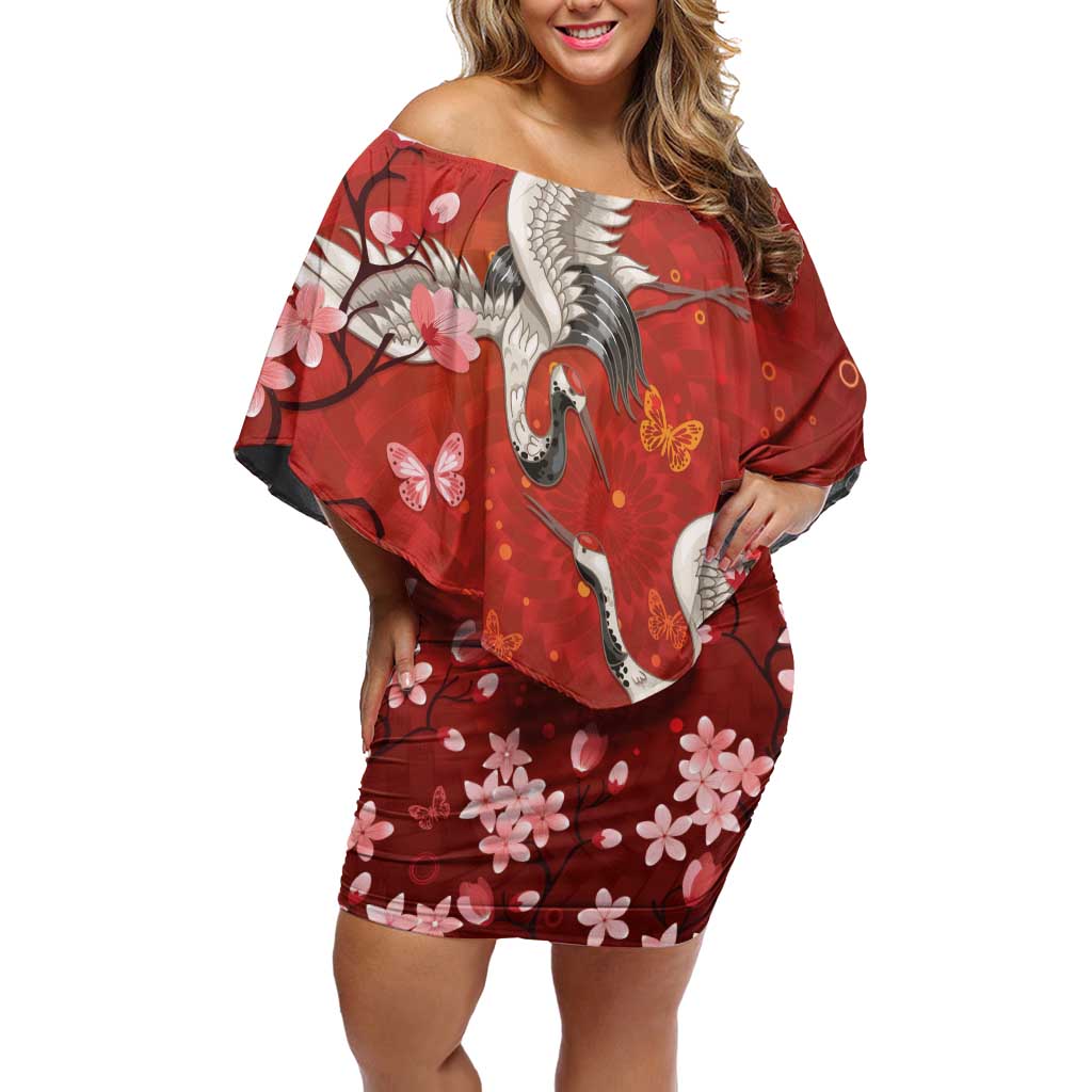 Hawaii Japan Cranes Sakura Flower Red Off Shoulder Short Dress Japan Heritage Spirit LT01 Women Red - Polynesian Pride