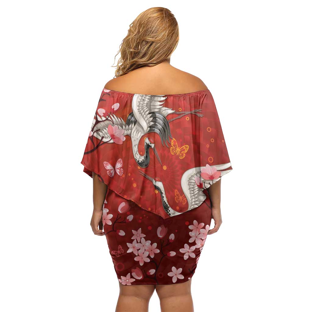 Hawaii Japan Cranes Sakura Flower Red Off Shoulder Short Dress Japan Heritage Spirit LT01 - Polynesian Pride
