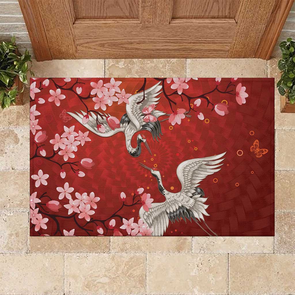 Hawaii Japan Cranes Sakura Flower Red Rubber Doormat Japan Heritage Spirit LT01 Red - Polynesian Pride