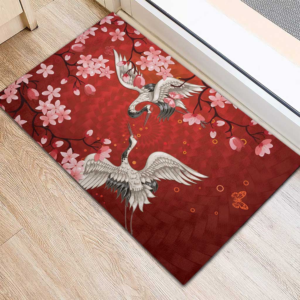 Hawaii Japan Cranes Sakura Flower Red Rubber Doormat Japan Heritage Spirit LT01 - Polynesian Pride