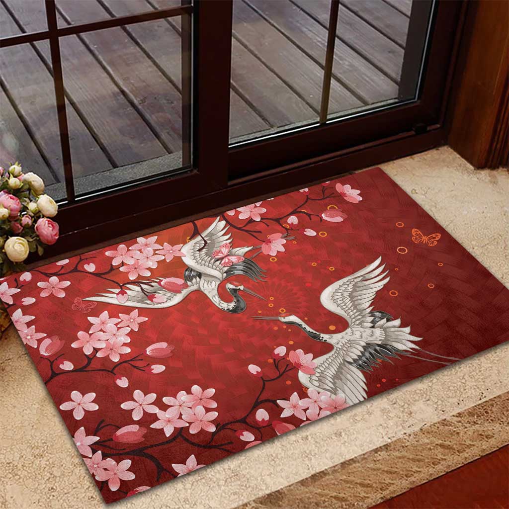 Hawaii Japan Cranes Sakura Flower Red Rubber Doormat Japan Heritage Spirit LT01 - Polynesian Pride