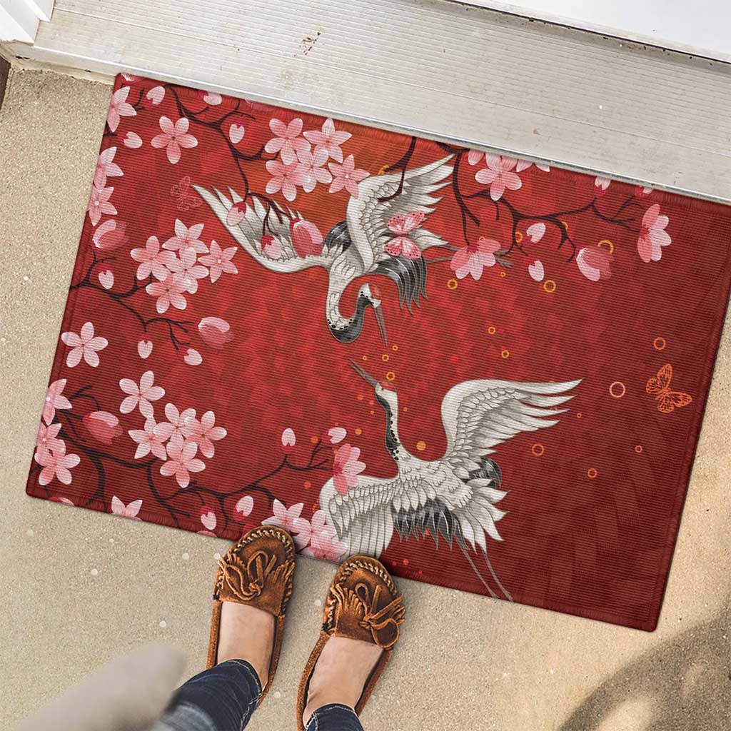Hawaii Japan Cranes Sakura Flower Red Rubber Doormat Japan Heritage Spirit LT01 - Polynesian Pride