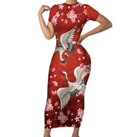 Hawaii Japan Cranes Sakura Flower Red Short Sleeve Bodycon Dress Japan Heritage Spirit LT01 Long Dress Red - Polynesian Pride