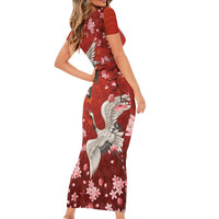 Hawaii Japan Cranes Sakura Flower Red Short Sleeve Bodycon Dress Japan Heritage Spirit LT01 - Polynesian Pride
