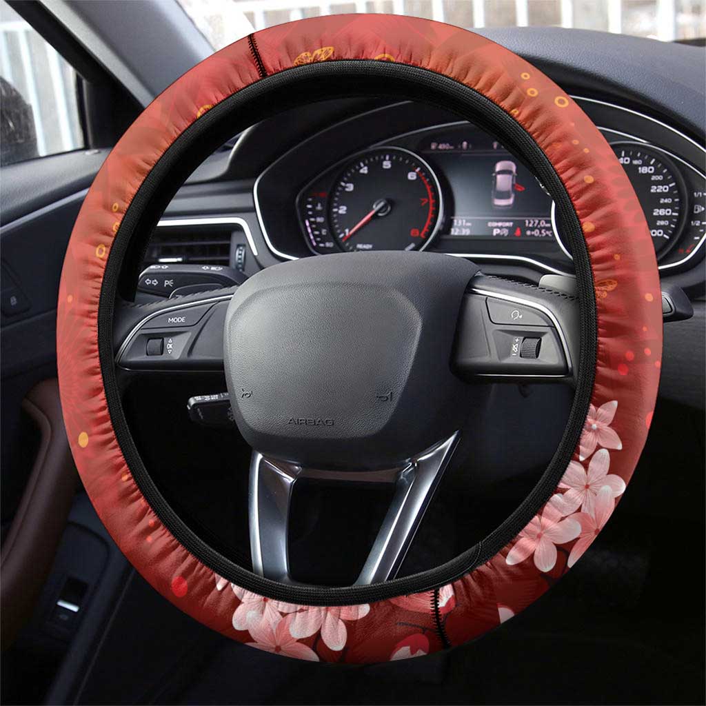 Hawaii Japan Cranes Sakura Flower Red Steering Wheel Cover Japan Heritage Spirit LT01 - Polynesian Pride