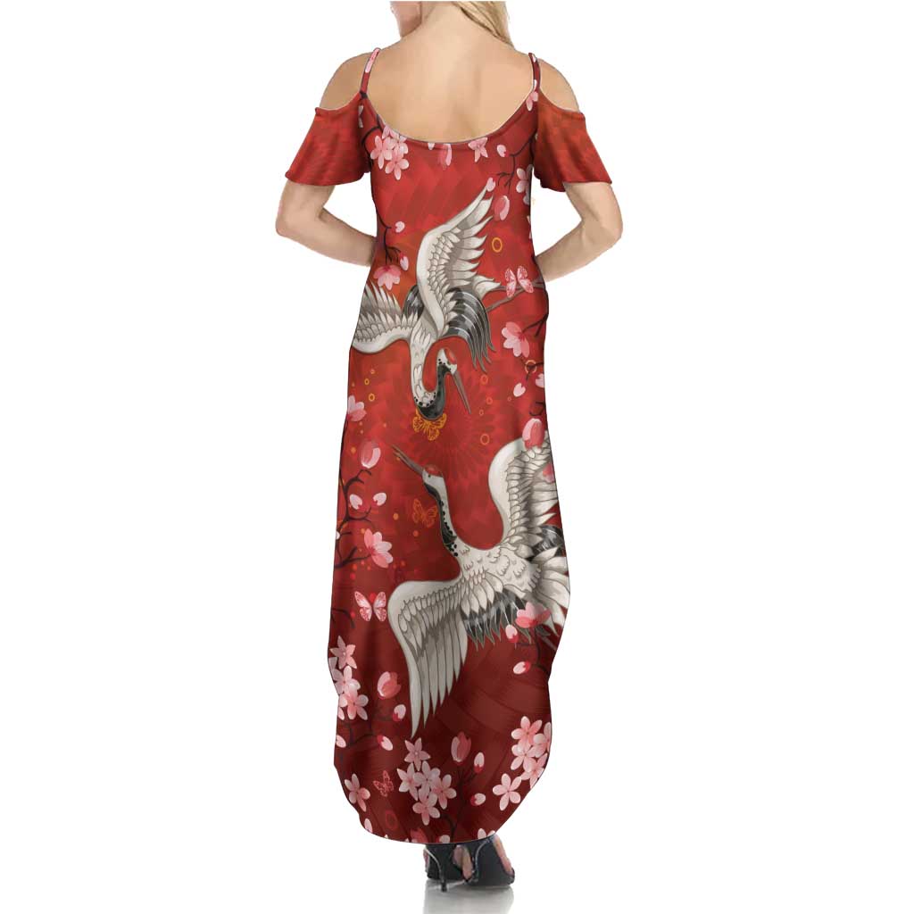 Hawaii Japan Cranes Sakura Flower Red Summer Maxi Dress Japan Heritage Spirit LT01 - Polynesian Pride