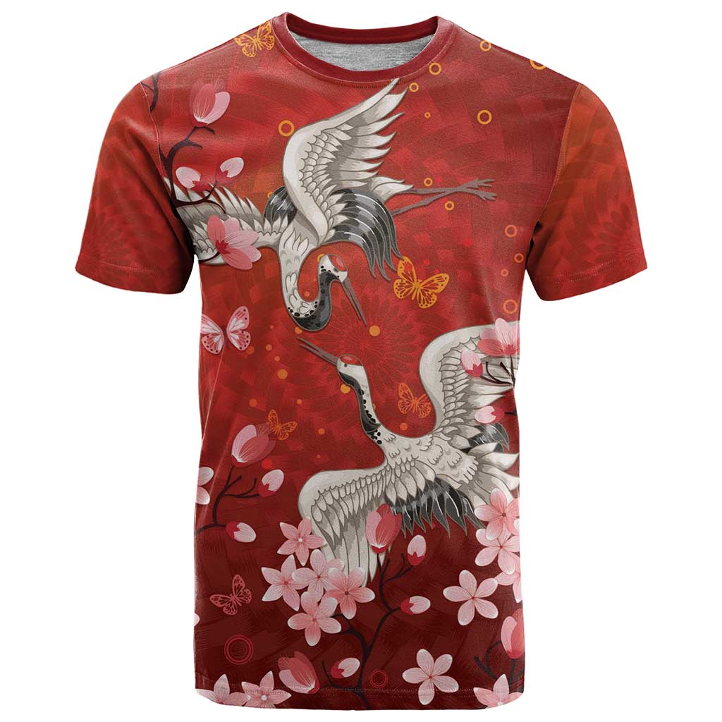 Hawaii Japan Cranes Sakura Flower Red T Shirt Japan Heritage Spirit LT01 Red - Polynesian Pride