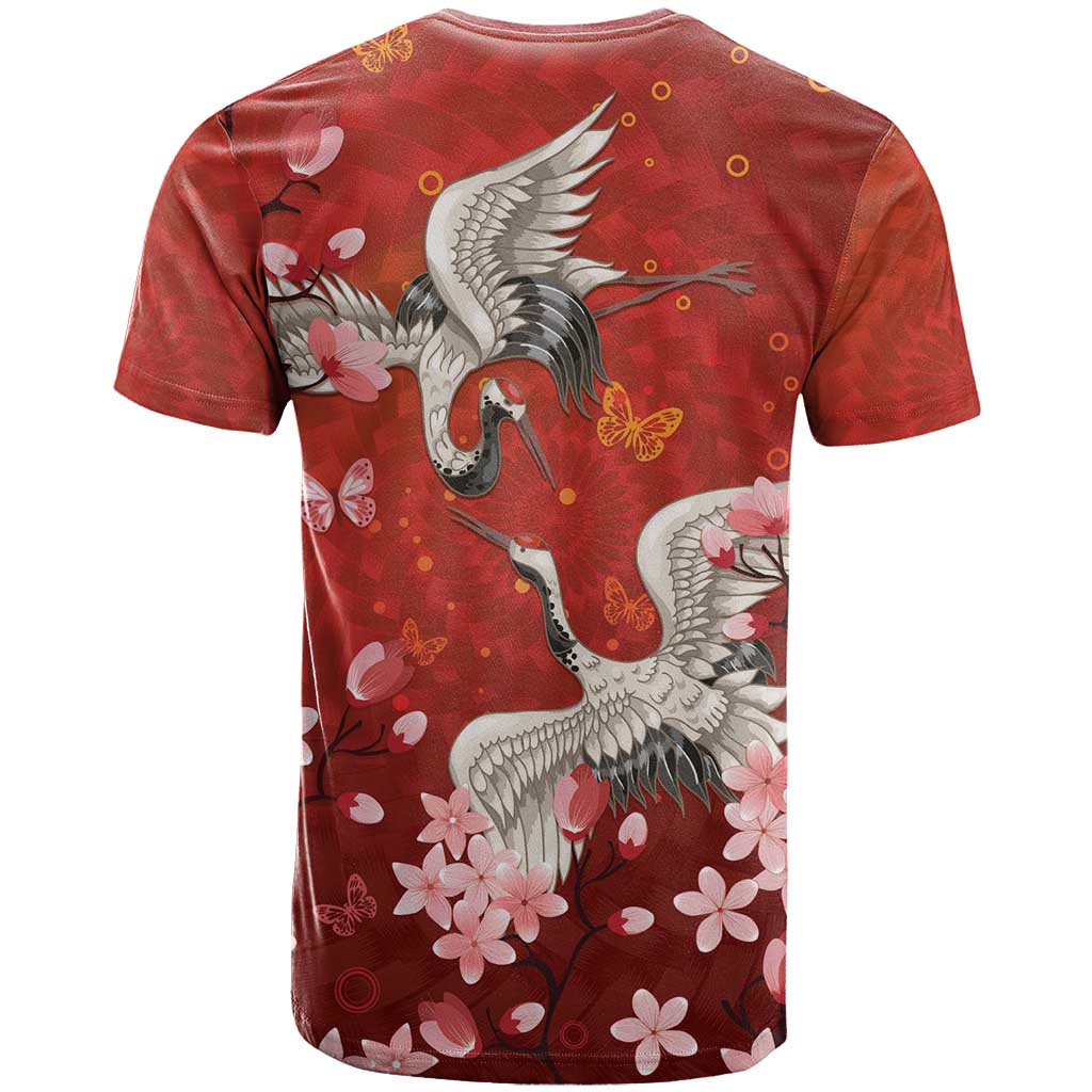 Hawaii Japan Cranes Sakura Flower Red T Shirt Japan Heritage Spirit LT01 - Polynesian Pride