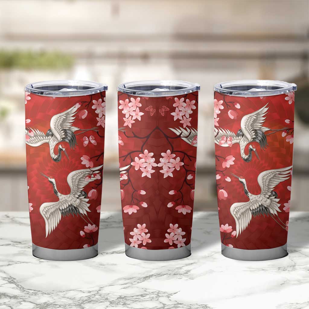 Hawaii Japan Cranes Sakura Flower Red Tumbler Cup Japan Heritage Spirit - Polynesian Pride