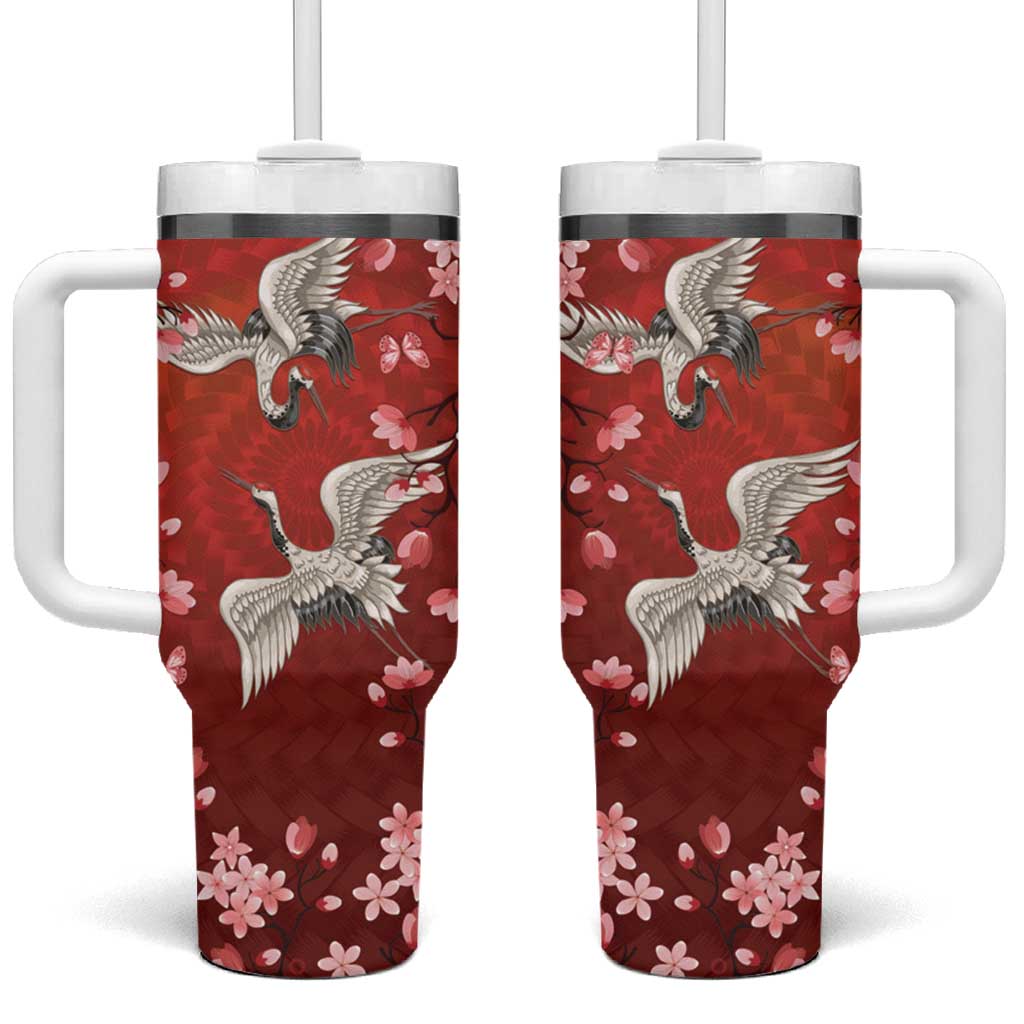 Hawaii Japan Cranes Sakura Flower Red Tumbler With Handle Japan Heritage Spirit LT01 One Size: 40 oz Red - Polynesian Pride