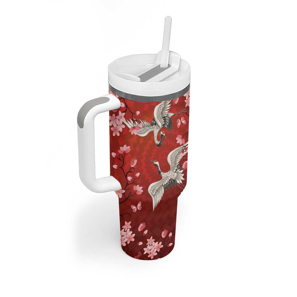 Hawaii Japan Cranes Sakura Flower Red Tumbler With Handle Japan Heritage Spirit LT01 - Polynesian Pride