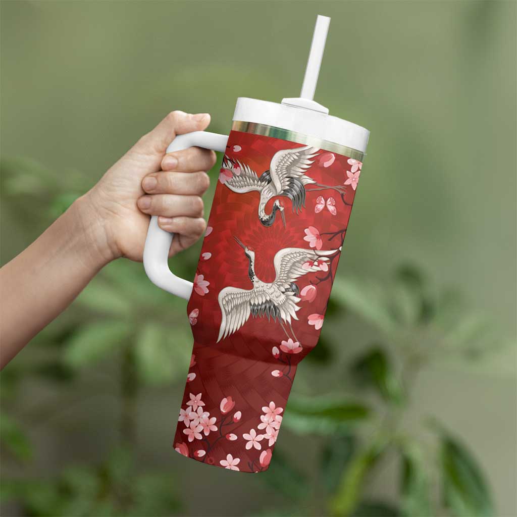 Hawaii Japan Cranes Sakura Flower Red Tumbler With Handle Japan Heritage Spirit LT01 - Polynesian Pride