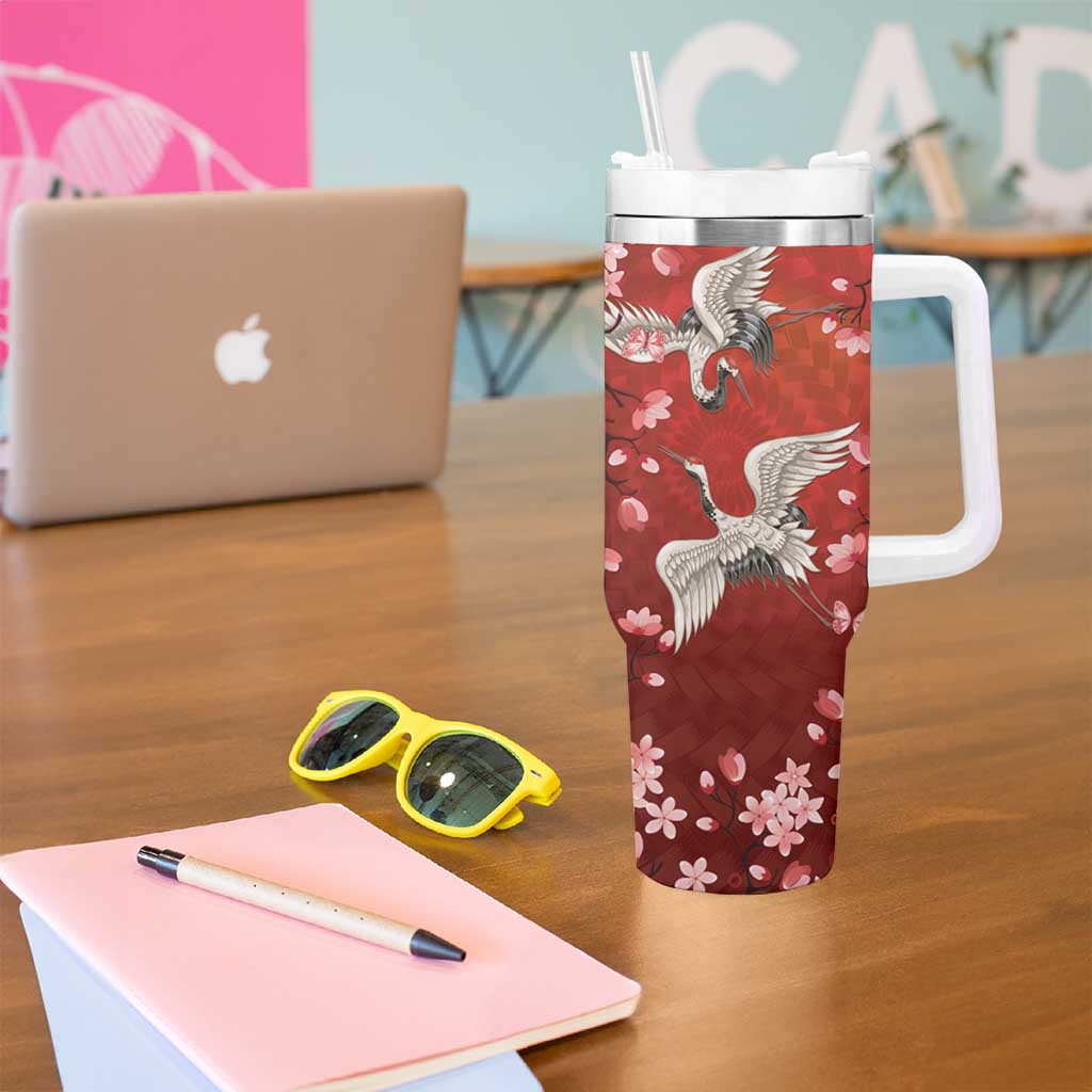 Hawaii Japan Cranes Sakura Flower Red Tumbler With Handle Japan Heritage Spirit LT01 - Polynesian Pride