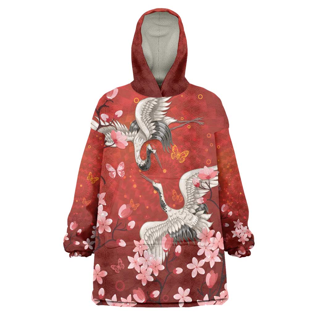 Hawaii Japan Cranes Sakura Flower Red Wearable Blanket Hoodie Japan Heritage Spirit LT01 One Size Red - Polynesian Pride