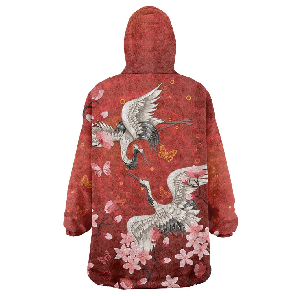 Hawaii Japan Cranes Sakura Flower Red Wearable Blanket Hoodie Japan Heritage Spirit LT01 - Polynesian Pride